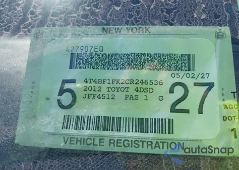 2012 Toyota Camry Xle из США, поврежденный, VIN 4T4BF1FK2CR246536